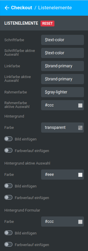 Einstellungen unter _**Bereiche / Checkout / Listenelemente**_