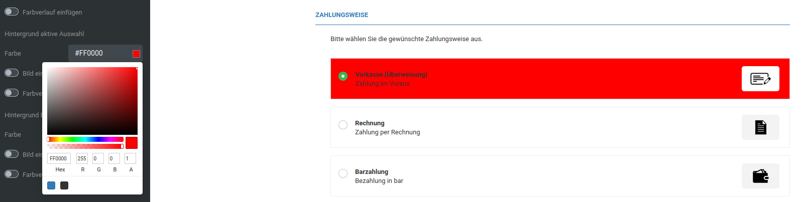Hintergrundfarbe aktive Auswahl rot (#FF0000)