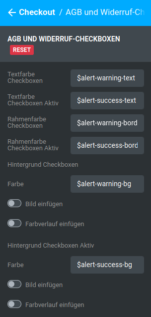 Einstellungen unter _**Bereiche / Checkout / AGB und Widerruf-Checkboxen**_