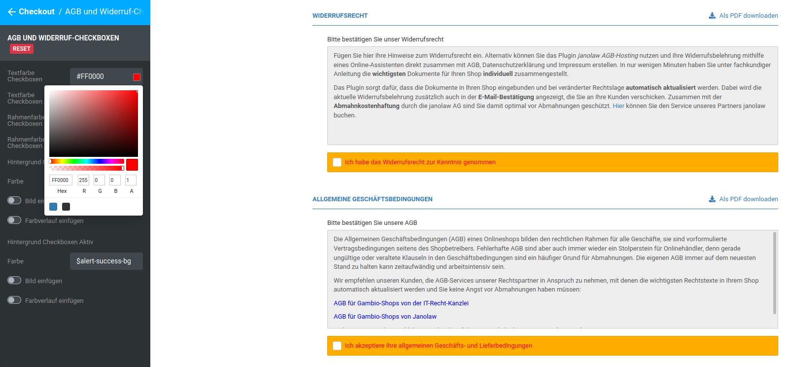 Textfarbe Checkboxen rot (#FF0000)