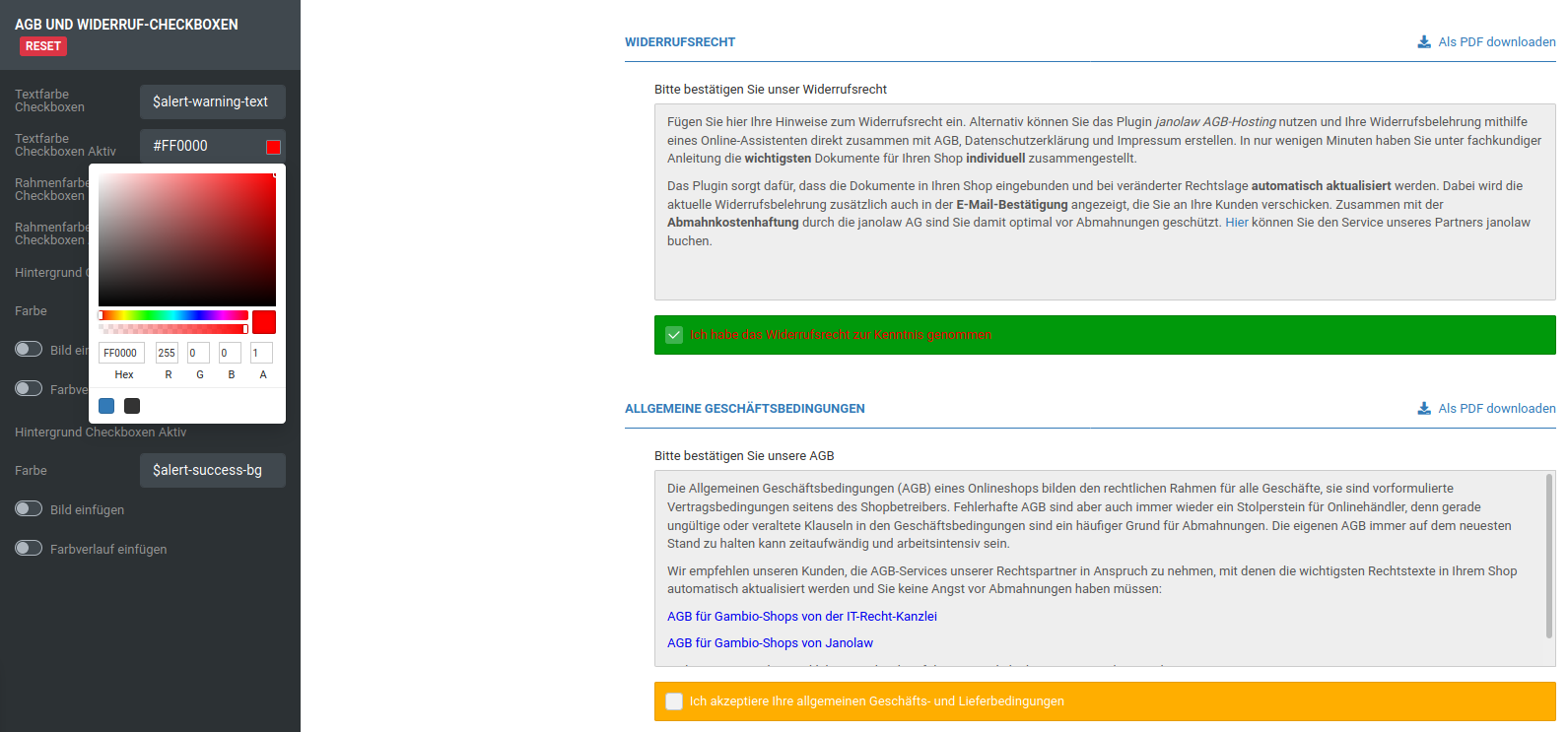 Textfarbe Checkbox Aktiv rot (#FF0000)