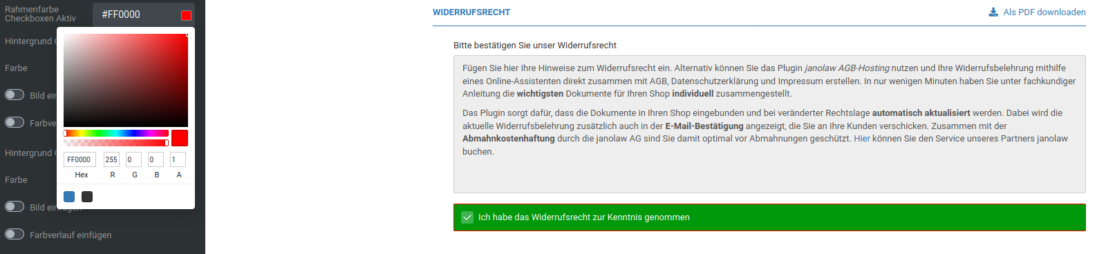 Rahmenfarbe Checkboxen Aktiv rot (#FF0000)