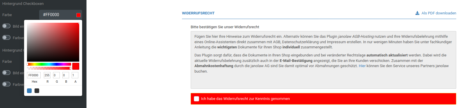 Hintergrundfarbe Checkboxen rot (#FF0000)