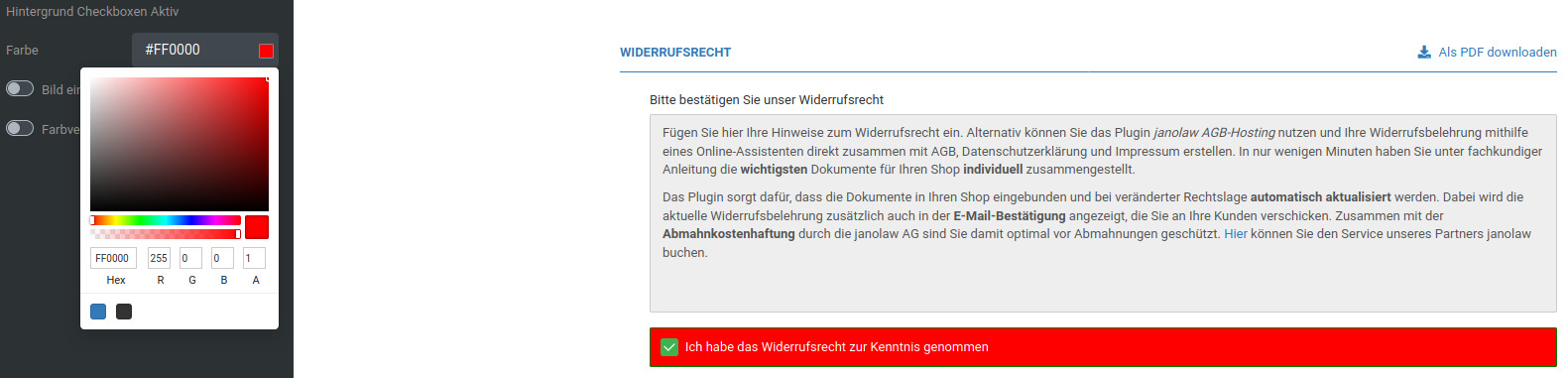 Hintergrundfarbe Checkboxen Aktiv rot (#FF0000)
