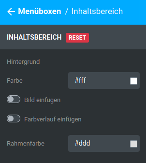 Einstellungen unter _**Bereiche / Menüboxen / Inhaltsbereich**_