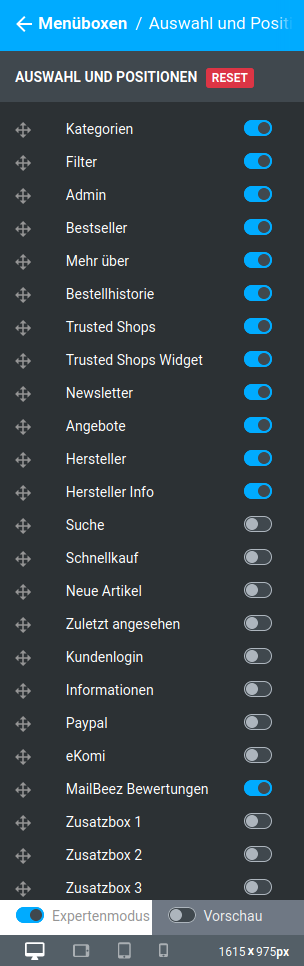 Einstellungen unter _**Bereiche / Menüboxen / Auswahl und Positionen**_
