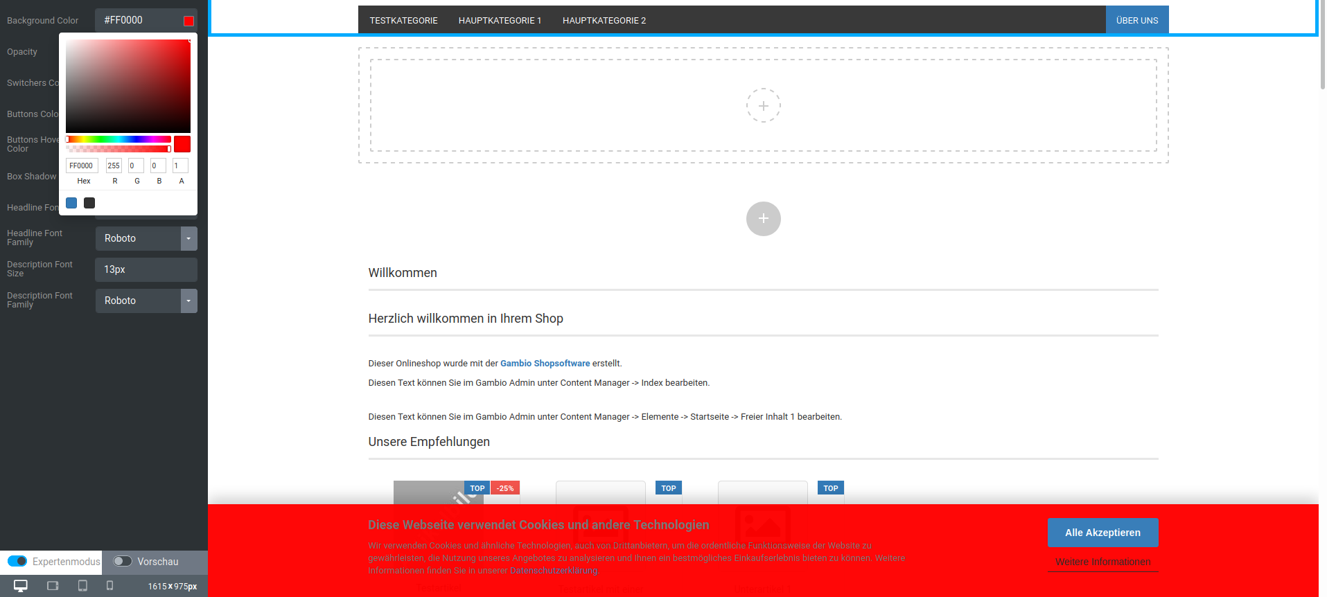 Background Color rot (#FF0000), Cookie Consent-Panel
