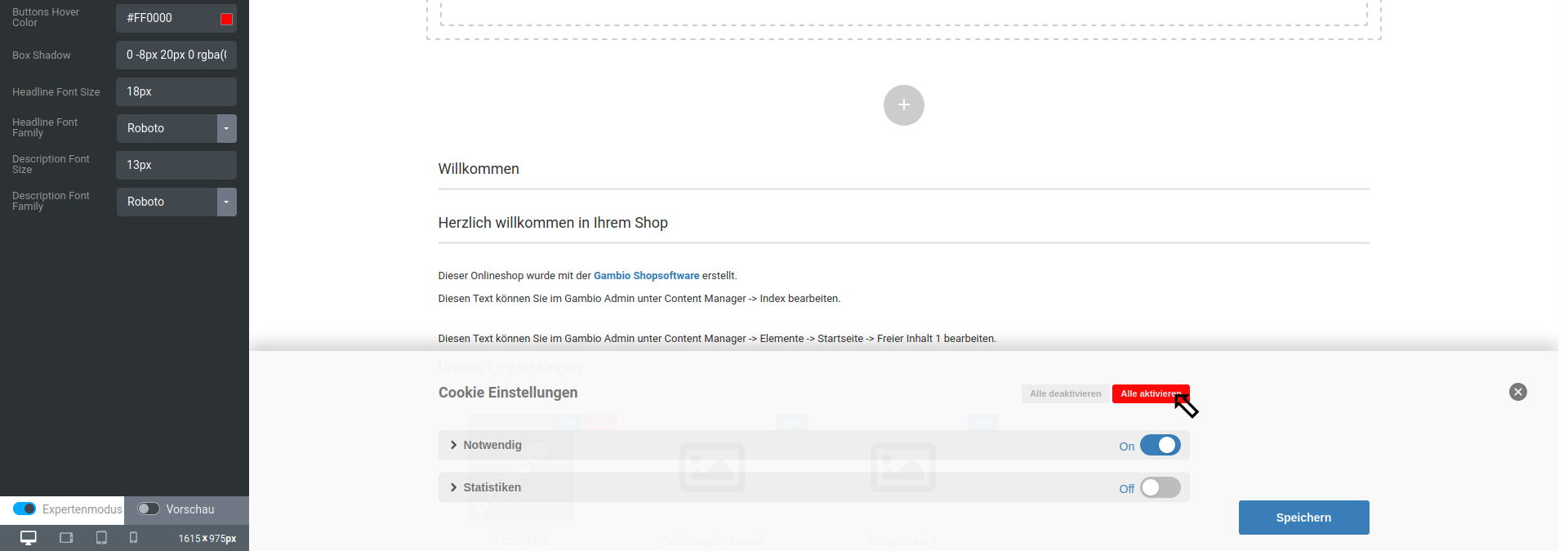 Buttons Hover Color rot (#FF0000), Mauszeiger befindet sich über der Schaltfläche _**Alle aktivieren**_
