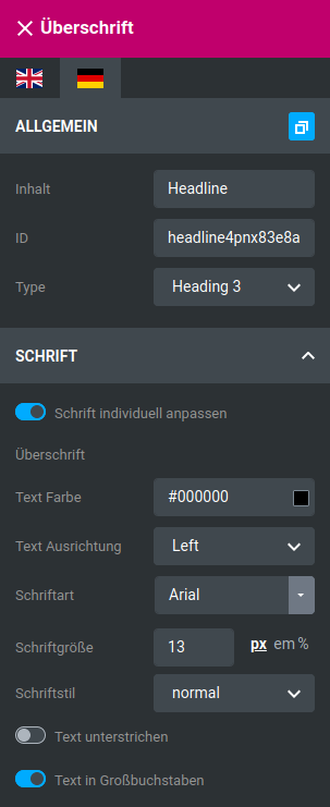 Einstellungen für Überschrift-Widget im StyleEdit