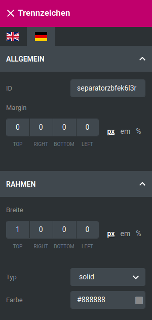 Einstellungen für Trennzeichen-Widget im StyleEdit