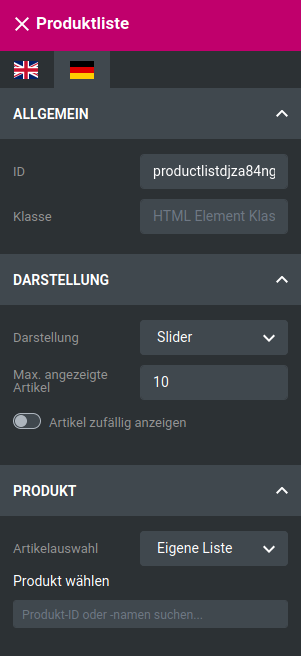 Einstellungen für Produktlisten-Widget im StyleEdit