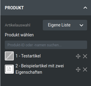 Einstellungen unter _**Produkt**_ bei Artikelauswahl als eigene Liste
