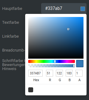Anzeige der Farbpalette nach Klick auf den Farbwert oder die Vorschau