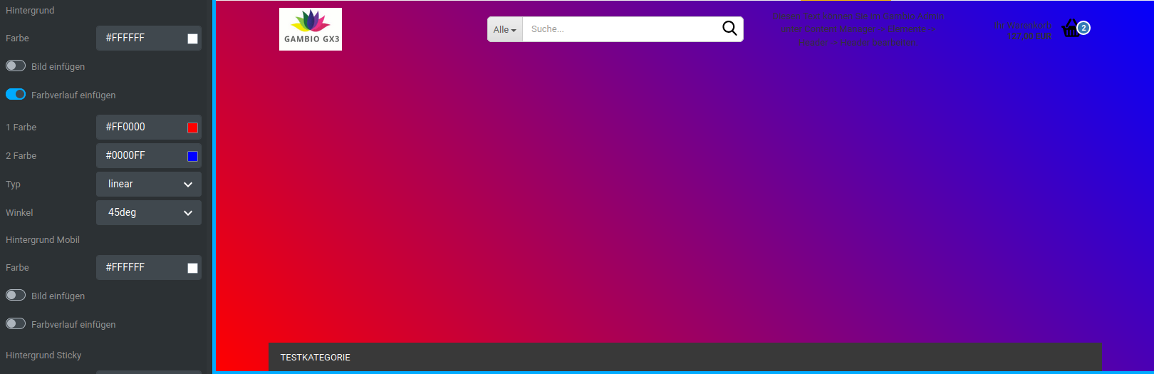 Beispiel eines 45 Grad Farbverlaufs von rot nach blau in einem stark vergrößerten Header