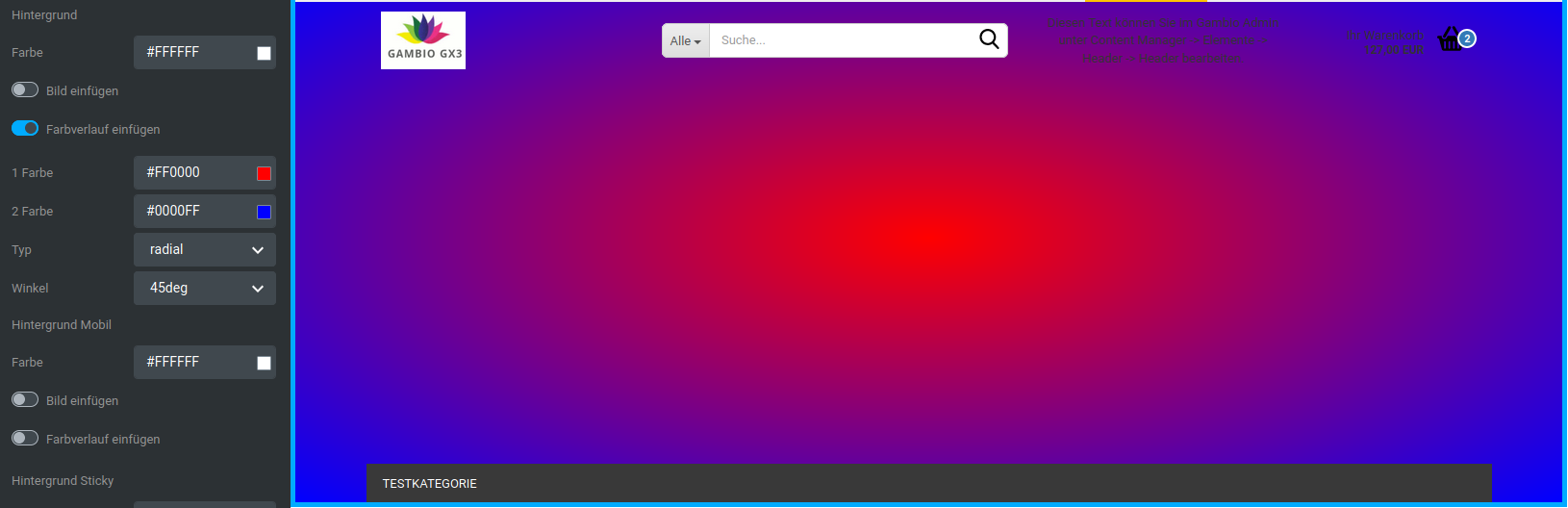 Radialer Farbverlauf von rot (#FF0000) nach blau (#0000FF) in einem stark vergrößerten Header