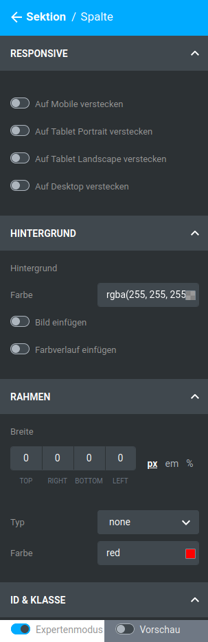 Einstellungen beim Bearbeiten einer Spalte über das Bleistift-Symbol