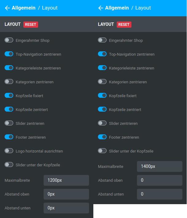 Vergleich der Einstellungen unter _**Bereiche / Allgemein / Layout**_ zwischen Honeygrid (links) und Malibu rechts)