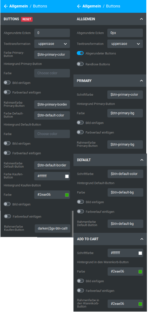 Vergleich der Einstellungen unter _**Bereiche / Allgemein / Buttons**_ zwischen Honeygrid (links) und Malibu (rechts)