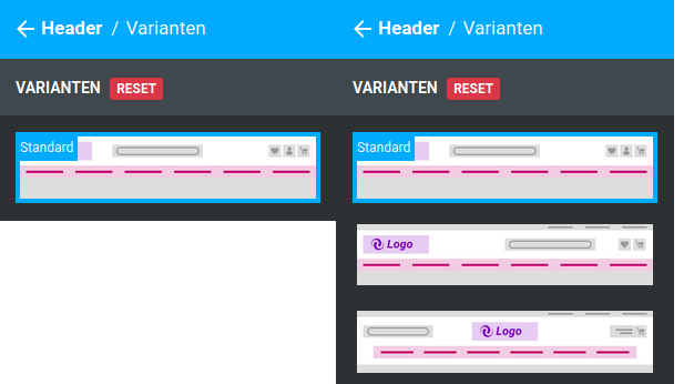Vergleich der Einstellungen unter _**Bereiche / Header / Varianten**_ zwischen Honeygrid (links) und Malibu (rechts)