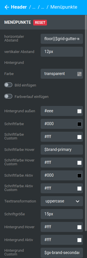 Einstellungen unter _**Bereiche / Header / Header 1 / Kategorien / Menüpunkte**_
