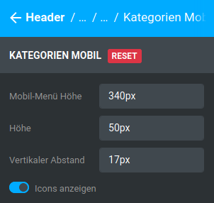 Einstellungen unter _**Bereiche / Header / Header 1 / Kategorien / Kategorien Mobil**_