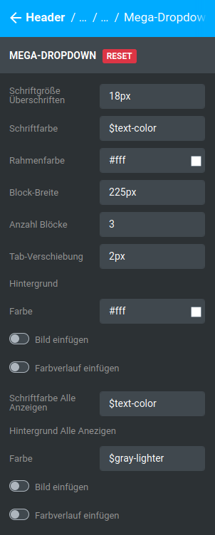 Einstellungen unter _**Bereiche / Header / Header 1 / Kategorien / Mega-Dropdown**_