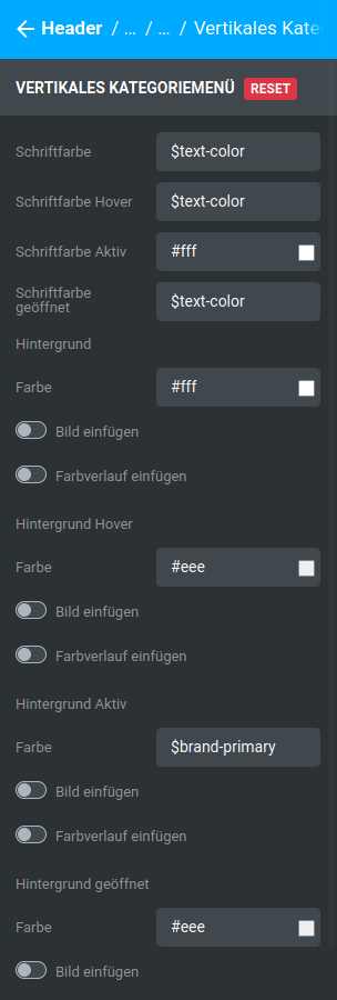 Einstellungen unter _**Bereiche / Header / Header 1 / Kategorien / Vertikales Kategoriemenü**_