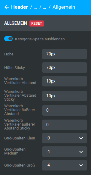 Einstellungen unter _**Bereiche / Header / Header 1 / Kategoriespalte / Allgemein**_