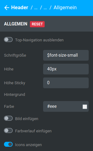 Einstellungen unter _**Bereiche / Header / Header 1 / Sekundärnavigation / Allgemein**_