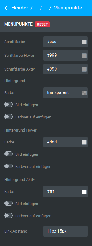 Einstellungen unter _**Bereiche / Header / Header 1 / Sekundärnavigation / Menüpunkte**_