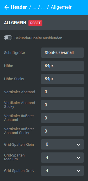 Einstellungen unter _**Bereiche / Header / Header 1 / Sekundär-Spalte / Allgemein**_