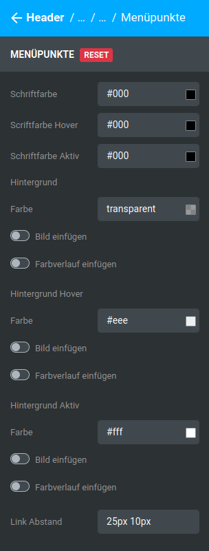 Einstellungen unter _**Bereiche / Header / Header 1 / Sekundär-Spalte / Menüpunkte**_