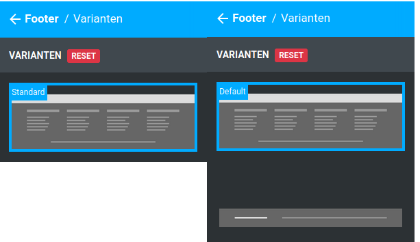 Vergleich der Einstellungen unter _**Bereiche / Footer / Varianten**_ zwischen Honeygrid (links) und Malibu (rechts)