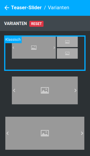 Einstellung unter _**Bereiche / Teaser-Slider / Varianten**_