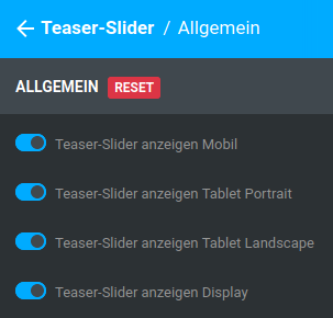 Einstellungen unter _**Bereiche / Teaser-Slider / Allgemein**_