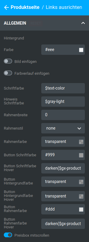 Einstellungen unter _**Bereiche / Produktseite / Links ausrichten**_