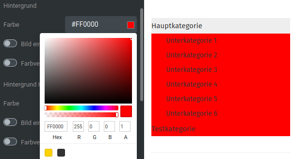 Hintergrundfarbe rot (#FF0000) im vertikalen Kategoriemenü