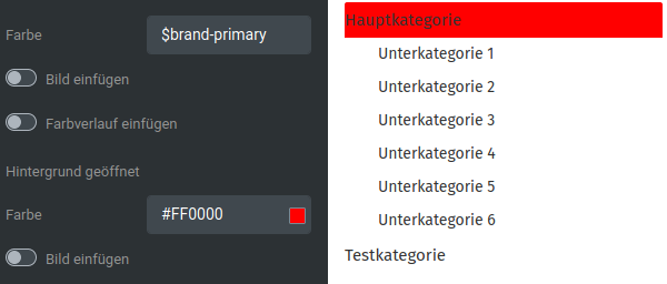 Die Hauptkategorien werden rot hinterlegt, während die aktive Kategorie die Primärfarbe (_**$brand-primary**_) als Hintergrund hat