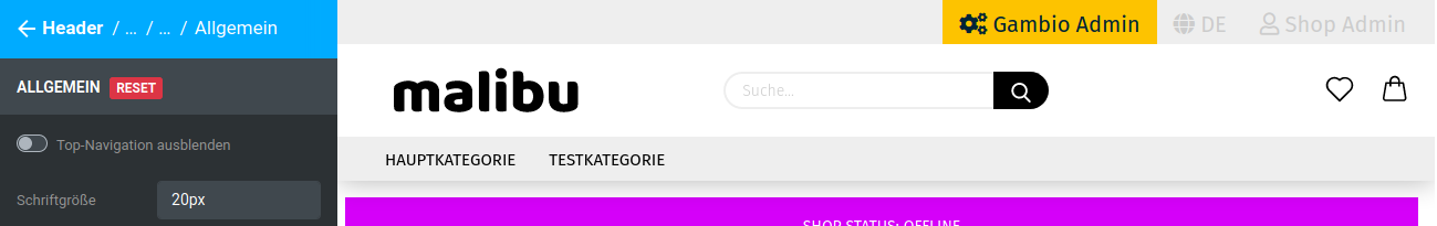 Einträge der Sekundärnavigation mit Schriftgröße 20px
