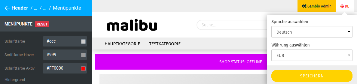 Ausgeklappte Sprachauswahl in der Sekundärnavigation, der Eintrag _**DE**_ hat rot (#FF0000) als _**Schriftfarbe Aktiv**_