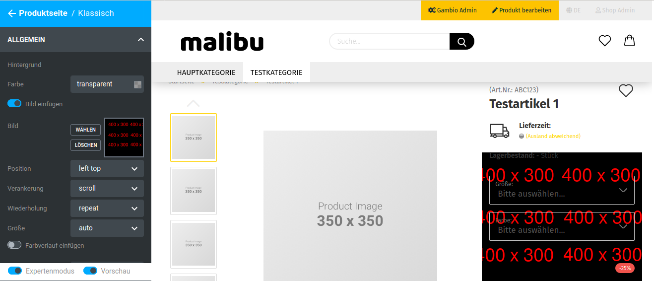 Hintergrundbild in der Produkt-Detailbox / Preisbox