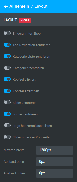 Unterabschnitt _**Allgemein / Layout**_ des Menüs _**Bereiche**_