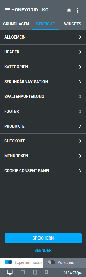 Menü _**Bereiche**_ mit Expertenmodus