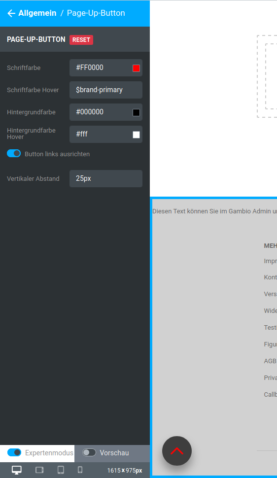 Page-Up-Button mit Schriftfarbe rot (#FF0000), Hintergrundfarbe schwarz (#000000), links ausgerichtet
