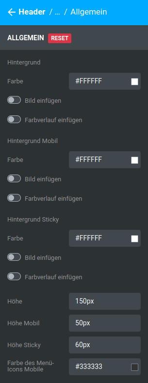 Einstellungen unter _**Bereiche / Header / Standard / Allgemein**_