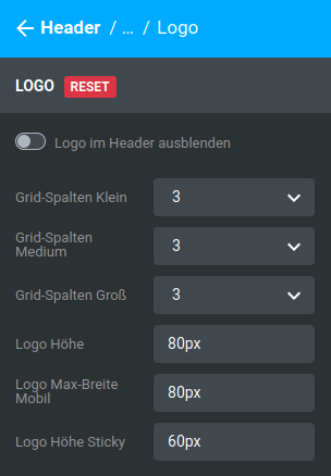 Einstellungen unter _**Bereiche / Header / Standard / Logo**_