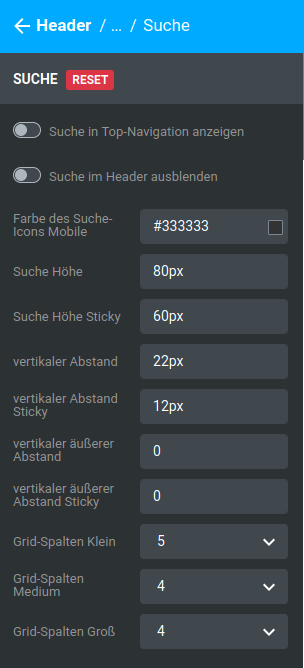 Einstellungen unter _**Bereiche / Header / Standard / Suche**_