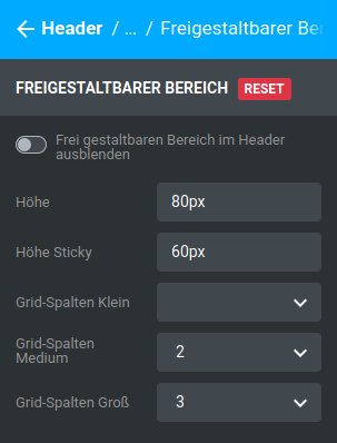 Einstellungen unter _**Bereiche / Header / Standard / Freigestaltbarer Bereich**_