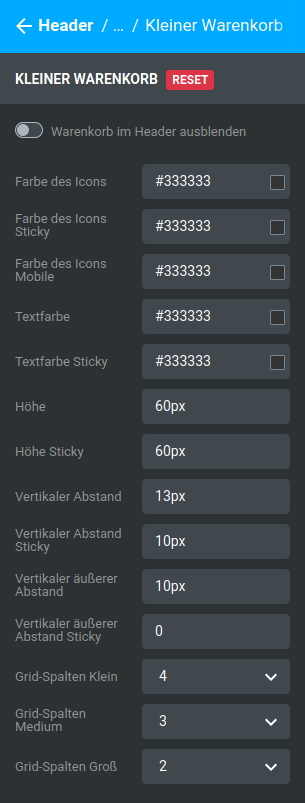 Einstellungen unter _**Bereiche / Header / Standard / Kleiner Warenkorb**_