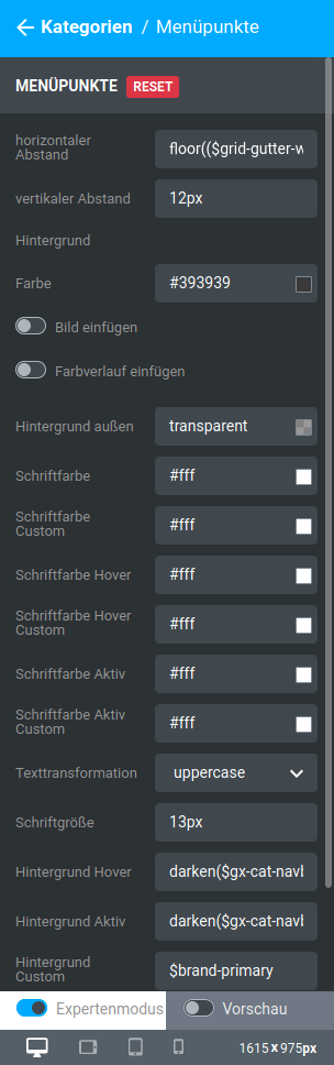 Einstellungen unter _**Bereiche / Allgemein / Menüpunkte**_